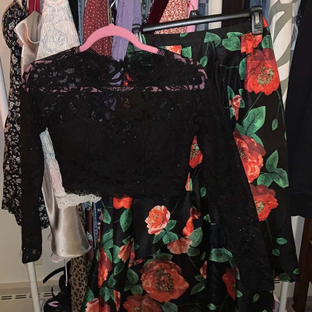 Red and Black Flowered High-Low dress